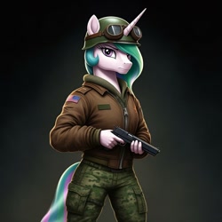 Size: 1024x1024 | Tagged: safe, imported from derpibooru, princess celestia, anthro, ai content, ai generated, bomber jacket, clothes, cosplay, costume, female, g.i. joe, general hawk, generator:google imagen 3.0, goggles, gradient background, gun, handgun, helmet, jacket, m1911, pistol, prompter:zerowinger, solo