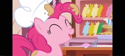 Size: 1600x720 | Tagged: safe, imported from derpibooru, pinkie pie, earth pony, chef, eyes closed, female, indoors