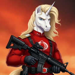 Size: 1024x1024 | Tagged: safe, imported from derpibooru, prince blueblood, anthro, unicorn, ai content, ai generated, assault rifle, clothes, cobra the enemy, cosplay, costume, crimson guard, g.i. joe, generator:google imagen 3.0, gradient background, gun, horn, male, military uniform, prompter:zerowinger, rifle, solo, uniform, weapon