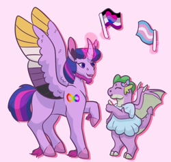 Size: 1280x1212 | Tagged: safe, artist:ponydoodles, imported from ponybooru, spike, twilight sparkle, dragon, pony, duo, pride, pride flag, transgender pride flag