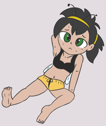 Size: 700x830 | Tagged: safe, artist:wanda, imported from ponybooru, oc, oc only, oc:filly anon, human, armpits, belly button, child, clothes, female, filly, gym shorts, human female, humanized, humanized oc, shorts, simple background, sports bra, stretching, sweat, white background