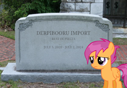 Size: 720x497 | Tagged: safe, imported from ponybooru, scootaloo, gravestone, graveyard, meta, ponybooru, sad