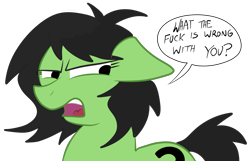 Size: 2238x1440 | Tagged: safe, artist:dhm, imported from derpibooru, oc, oc:filly anon, pony, digital art, disdain, female, filly, foal, question, reaction image, simple background, solo, speech bubble, transparent background, vulgar