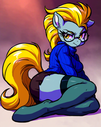 Size: 1984x2496 | Tagged: safe, imported from derpibooru, derpy hooves, anthro, pegasus, unguligrade anthro, abstract background, ai content, ai generated, bright eyes (mirror universe), clothes, female, full body, generator:pony diffusion v6 xl, generator:stable diffusion, glasses, grumpy, prompter:bendy and boney, skirt, socks, solo, stockings, sweater, thigh highs, wingless, wingless anthro