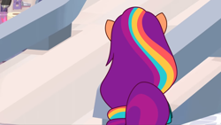 Size: 2160x1215 | Tagged: safe, imported from derpibooru, screencap, sunny starscout, earth pony, pony, spoiler:g5, spoiler:my little pony: tell your tale, spoiler:tyts01e24, back of head, crystal brighthouse, female, g5, mane stripe sunny, mare, my little pony: tell your tale, rear view, solo, starscout code