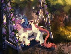 Size: 2560x1920 | Tagged: safe, artist:sweettsa1t, imported from derpibooru, oc, oc only, butterfly, pony, unicorn, bench, coat markings, commission, female, floral head wreath, flower, horn, looking up, mare, nature, outdoors, solo, tree, unshorn fetlocks