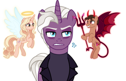 Size: 1920x1241 | Tagged: safe, artist:limedazzle, imported from derpibooru, oc, oc only, oc:adam, oc:lena, oc:michael, pony, unicorn, angel, devil, horn, shoulder angel, shoulder devil, simple background, transparent background, trident