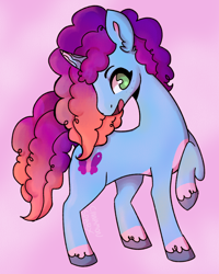 Size: 1548x1935 | Tagged: safe, artist:cinnamonsparx, imported from derpibooru, pony, unicorn, curly hair, curly mane, curly tail, curved horn, cute, g5, gradient mane, horn, misty brightdawn, pink background, raised hoof, rebirth misty, signature, simple background, solo, tail, unshorn fetlocks