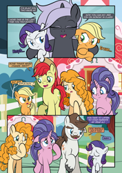 Size: 1920x2715 | Tagged: safe, artist:alexdti, imported from derpibooru, applejack, bright mac, cookie crumbles, hondo flanks, pear butter, rarity, oc, pony, unicorn, comic:how we met, female, filly, filly applejack, filly rarity, horn, younger