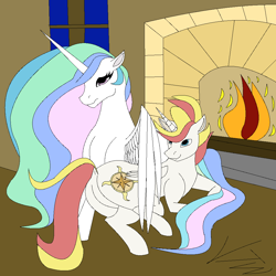 Size: 1000x1000 | Tagged: safe, imported from derpibooru, princess celestia, oc, alicorn, fireplace, free commission, my little pony, prince helios dawn, window