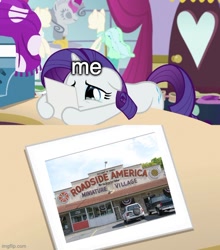 Size: 500x567 | Tagged: safe, edit, edited screencap, editor:railpony, imported from ponybooru, screencap, rarity, pony, unicorn, forever filly, season 7, canterlot carousel, caption, exploitable, exploitable meme, female, hoof hold, imgflip, mare, meme, rarity's photo, roadside america, solo, teary eyes, text