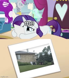 Size: 500x567 | Tagged: safe, edit, edited screencap, editor:railpony, imported from ponybooru, screencap, rarity, pony, unicorn, forever filly, season 7, canterlot carousel, caption, exploitable, exploitable meme, female, hoof hold, imgflip, mare, meme, rarity's photo, solo, teary eyes, text, trainland usa