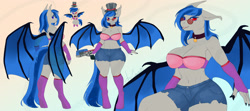 Size: 2880x1280 | Tagged: safe, artist:catrinebs, imported from derpibooru, oc, oc only, oc:sweet melody, anthro, bat pony, unguligrade anthro, :3, bat pony oc, bat wings, big breasts, black nail polish, blue mane, blue wings, breasts, chibi, clothes, collar, female, female oc, front view, glasses, gray coat, gun, hat, heterochromia, nails, purple underwear, rear view, reference sheet, round glasses, shorts, simple background, socks, solo, solo female, stockings, thigh highs, tongue out, underwear, weapon, wide hips, wings