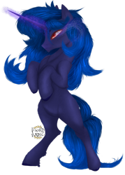 Size: 1160x1620 | Tagged: safe, artist:lordlyric, imported from derpibooru, oc, oc:moonlight death, pony, shadow pony, unicorn, bipedal, female, horn, magic, mare, moon, night, painting, render, solo