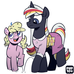 Size: 1200x1200 | Tagged: safe, artist:php104, imported from derpibooru, oc, oc only, oc:silver bell, oc:velvet remedy, pony, unicorn, fallout equestria, bag, clothes, confetti, dress, female, filly, foal, happy, horn, jumping, medical saddlebag, simple background, transparent background, walking