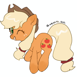 Size: 4096x4096 | Tagged: safe, artist:metaruscarlet, imported from derpibooru, applejack, earth pony, pony, applejack's hat, cowboy hat, freckles, grin, hat, hopping, looking at you, one eye closed, simple background, smiling, solo, white background, wink, winking at you