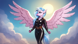 Size: 1920x1080 | Tagged: safe, imported from derpibooru, silverstream, anthro, hippogriff, ai content, ai generated, belt, catsuit, clothes, female, latex, prompter:natjo, skintight clothes, solo, solo female