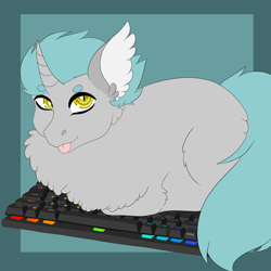 Size: 3000x3000 | Tagged: safe, artist:inisealga, imported from derpibooru, oc, bat pony, bat pony unicorn, hybrid, unicorn, :p, bat pony oc, bat wings, behaving like a cat, chest fluff, cute, ear fluff, fluffy, horn, hybrid oc, keyboard, looking at you, lying down, ponyloaf, prone, slit pupils, tail, tongue out, wings