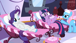 Size: 1500x844 | Tagged: safe, artist:zeffdakilla, imported from derpibooru, lotus blossom, rarity, twilight sparkle, pony, unicorn, crossed legs, hoof polish, horn, la ti da spa, lidded eyes, looking at someone, lying down, one eye closed, raised hoof, raised leg, smiling, spa, unicorn twilight, vector, wink