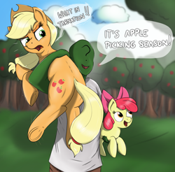 Size: 2520x2480 | Tagged: safe, artist:eels, imported from derpibooru, apple bloom, applejack, oc, oc:anon, earth pony, human, pony, applebutt, applejack is not amused, butt, emanata, holding a pony, open mouth, open smile, plot, shoulder carry, smiling, unamused, underhoof, what in tarnation