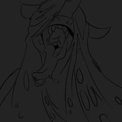 Size: 1024x1024 | Tagged: safe, artist:gayplantsex, imported from derpibooru, queen chrysalis, changeling, changeling queen, blindfold, bust, drool, female, gray background, grayscale, lineart, long tongue, mawshot, monochrome, open mouth, simple background, solo, tongue out