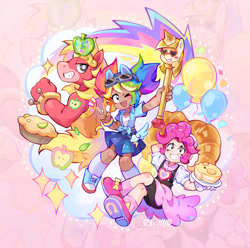 Size: 3022x3000 | Tagged: safe, artist:starry_zitong, artist:xingchen30du, imported from derpibooru, big macintosh, pinkie pie, rainbow dash, anthro, human, alternative cutie mark placement, apple, apple pie, bread, croissant, female, food, glasses, grin, heart shaped glasses, humanized, ice cream, ice cream cone, ice cream horn, light skin, male, one eye closed, open mouth, open smile, peace sign, pie, scepter, shoulder cutie mark, smiling, sunglasses, sunglasses on head, tan skin, trio, twilight scepter, wink