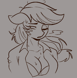 Size: 887x897 | Tagged: safe, artist:gayplantsex, imported from derpibooru, applejack, anthro, earth pony, big breasts, bra, breasts, bust, busty applejack, cleavage, clothes, female, floppy ears, gray background, grayscale, hatless, lineart, mare, missing accessory, monochrome, narration, one eye closed, open clothes, open shirt, simple background, solo, sweat, unbuttoned, underwear