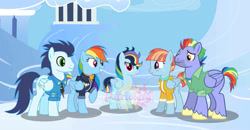 Size: 749x389 | Tagged: safe, artist:patriciava, imported from ponybooru, bow hothoof, rainbow dash, soarin', windy whistles, oc, oc:blue storm, pegasus, pony, female, male, mare, offspring, parent:rainbow dash, parent:soarin', parents:soarindash, shipping, soarindash, stallion, straight