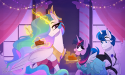 Size: 2500x1500 | Tagged: safe, artist:thewandie, imported from ponybooru, princess celestia, twilight sparkle, oc, oc:blueberry sugar, alicorn, pony, unicorn, broach, butler, chocolate cake, clothes, commission, dress, female, femboy, magic, male, mare, princess dress, puffy sleeves, ruffle tie, ruffles, slice of cake, stallion, telekinesis, twilight sparkle (alicorn), twink, vest, ych result