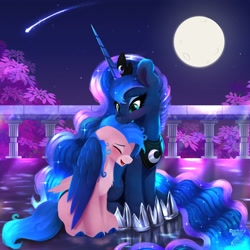 Size: 2400x2400 | Tagged: safe, artist:darksly, imported from derpibooru, oc, alicorn, pegasus, pony, commission, duo, full moon, hug, moon, night, shooting star, winghug, wings, ych result