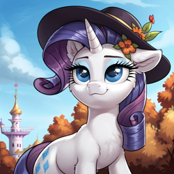 Size: 1024x1024 | Tagged: safe, imported from derpibooru, rarity, ai content, ai generated, autumn, flower, flower in hair, generator:pony diffusion v6 xl, generator:stable diffusion, hat, prompter:thelight3d, solo