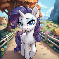 Size: 1024x1024 | Tagged: safe, imported from derpibooru, rarity, ai content, ai generated, autumn, fence, flower, generator:pony diffusion v6 xl, generator:stable diffusion, house, path, ponyville, prompter:thelight3d, scenery, solo, tree