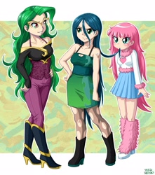 Size: 2208x2500 | Tagged: safe, artist:uotapo, color edit, edit, editor:overlord 2, imported from derpibooru, mane-iac, queen chrysalis, oc, oc:fluffle puff, human, pony, equestria girls, boots, clothes, colored, light skin, shoes, skin color edit