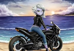 Size: 1216x832 | Tagged: safe, imported from derpibooru, limestone pie, human, equestria girls, ai content, ai generated, angry, beach, equestria girls-ified, looking at you, motorcycle, prompter:nw th, solo