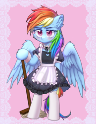 Size: 2536x3264 | Tagged: safe, artist:duski夕嵐, imported from derpibooru, rainbow dash, pegasus, pony, semi-anthro, bipedal, blushing, broom, clothes, cute, dashabetes, female, frown, kneesocks, maid, mare, patterned background, pink background, simple background, socks, solo, spread wings, wings