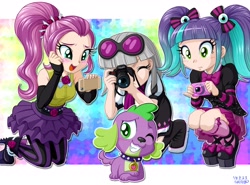 Size: 2704x2000 | Tagged: safe, artist:uotapo, color edit, edit, editor:overlord 2, imported from derpibooru, photo finish, pixel pizazz, spike, violet blurr, human, equestria girls, camera, colored, humanized, light skin, skin color edit