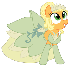 Size: 1006x934 | Tagged: safe, artist:doggie31, imported from derpibooru, applejack, earth pony, pony, alternate hairstyle, applebetes, applejack also dresses in style, clothes, commission, cute, dress, evening gloves, female, freckles, gloves, gown, grin, jewelry, long gloves, mare, necklace, smiling, solo, the princess and the frog, tiana