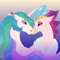 Size: 1280x1280 | Tagged: safe, artist:silkybell, imported from derpibooru, princess celestia, queen novo, alicorn, hippogriff, my little pony: the movie, chest fluff, crown, cute, digital art, duo, ethereal mane, eyebrows, eyelashes, eyeshadow, facial markings, female, flowing mane, gradient background, happy, horn, jewelry, lesbian, lidded eyes, looking at each other, looking at someone, makeup, mare, novolestia, nuzzling, peytral, regalia, shipping, smiling, smiling at each other