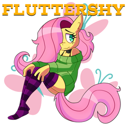 Size: 2048x2048 | Tagged: safe, anonymous editor, artist:tysobro, edit, imported from twibooru, fluttershy, anthro, pegasus, plantigrade anthro, choker, chokershy, clothes, female, fluttershy's cutie mark, high res, image, png, schrödinger's pantsu, simple background, socks, solo, stocking feet, stockings, striped socks, sweater, text, thigh highs