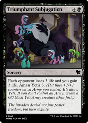 Size: 375x523 | Tagged: safe, edit, imported from derpibooru, aloe, apple fritter, lotus blossom, earth pony, storm creature, my little pony: the movie, apple family member, canterlot, ccg, enslaved, iron dandy, magic the gathering, massage, storm guard, trading card, trading card edit, trading card game, you know for kids