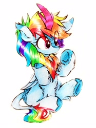 Size: 2426x3235 | Tagged: safe, artist:liaaqila, imported from derpibooru, rainbow dash, butterfly, kirin, winged kirin, butterfly on nose, cute, dashabetes, female, fluffy, gameloft, horn, insect on nose, kirin pegasus, kirin rainbow dash, kirin-ified, leonine tail, liaaqila is trying to murder us, liaaqila is trying to murder us with dashabetes, simple background, sitting, solo, species swap, tail, traditional art, white background, wings