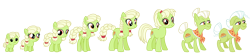 Size: 1475x320 | Tagged: safe, artist:dazzle, imported from derpibooru, granny smith, accessory, age progression, braid, braided pigtails, braided ponytail, braided tail, female, filly, foal, headband, mare, older, pigtails, ponytail, simple background, tail, transparent background, young granny smith, younger