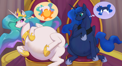 Size: 3840x2079 | Tagged: safe, artist:jotun22, imported from ponybooru, princess celestia, princess luna, alicorn, pony, belly, belly button, big belly, castle, commission, cutie mark, duo, duo female, featureless crotch, female, huge belly, hyper, hyper belly, hyper pregnancy, image, impossibly large belly, jewelry, lying down, mare, moon, on side, outie belly button, png, pointy ponies, preglestia, pregluna, pregnant, regalia, royal sisters, siblings, sisters, sitting, sun, thought bubble, throne, throne room