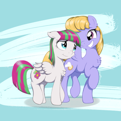 Size: 2005x2005 | Tagged: safe, artist:itchystomach, imported from derpibooru, blossomforth, cloud kicker, pegasus, pony, fanfic:the life and times of a winning pony, abstract background, duo, fanfic art, grin, looking at each other, looking at someone, smiling