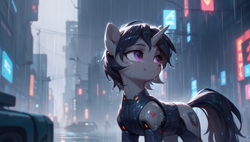 Size: 1920x1088 | Tagged: safe, imported from derpibooru, neon lights, rising star, oc, oc only, cyborg, cyborg pony, pony, unicorn, ai content, ai generated, city, cyberpunk, female, futuristic, generator:tponynai3, horn, looking away, mare, outdoors, prompter:truekry, purple eyes, rain, solo, street, tail, unicorn oc, wet, wet fur, wet mane, wet tail