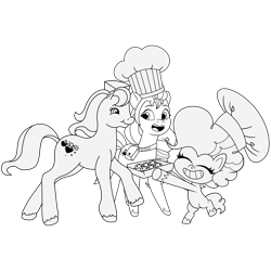 Size: 4267x4263 | Tagged: safe, artist:prixy05, imported from derpibooru, pinkie pie, sunny starscout, sweet berry, earth pony, pony, my little pony: pony life, chef's hat, collaboration:world collide pmv, female, food, g2, g5, hat, lineart, mare, muffin, my little pony: tell your tale, tray, trio, trio female