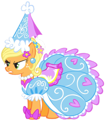 Size: 1080x1239 | Tagged: safe, imported from derpibooru, applejack, earth pony, pony, angry, applejack also dresses in style, applejack is not amused, bow, clothes, dress, ear piercing, earring, female, flower, flower in hair, froufrou glittery lacy outfit, glare, gown, hat, heart, hennin, jewelry, mare, necklace, pearl necklace, piercing, princess, princess applejack, puffy sleeves, ribbon, simple background, solo, transparent background, unamused, wat