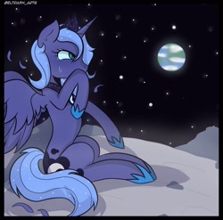 Size: 2048x2021 | Tagged: safe, artist:eltrash_art6, imported from derpibooru, princess luna, alicorn, pony, alone, crown, crying, earth, female, hoof shoes, jewelry, mare, moon, regalia, s1 luna, sad, solo, space, stars