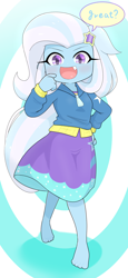 Size: 1952x4226 | Tagged: safe, artist:batipin, imported from derpibooru, trixie, human, equestria girls, 2d, ankles, barefoot, blushing, chibi, clothes, cutie mark, cutie mark on clothes, dialogue, feet, female, hand on hip, hoodie, jacket, long sleeves, looking at you, open mouth, open smile, pointing, pointing at self, skirt, smiling, solo, toes, word bubble, zipper