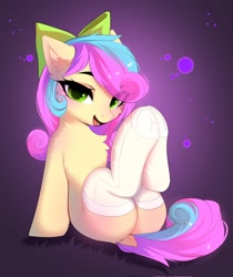 Size: 1724x2048 | Tagged: safe, artist:empress-twilight, oc, oc only, pony, abstract background, butt, clothes, female, hooves, looking at you, mare, socks